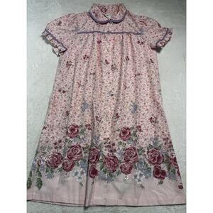 Vintage It’s A Charm Floral Housecoat Pink Cotton Button Front Size Large Made I